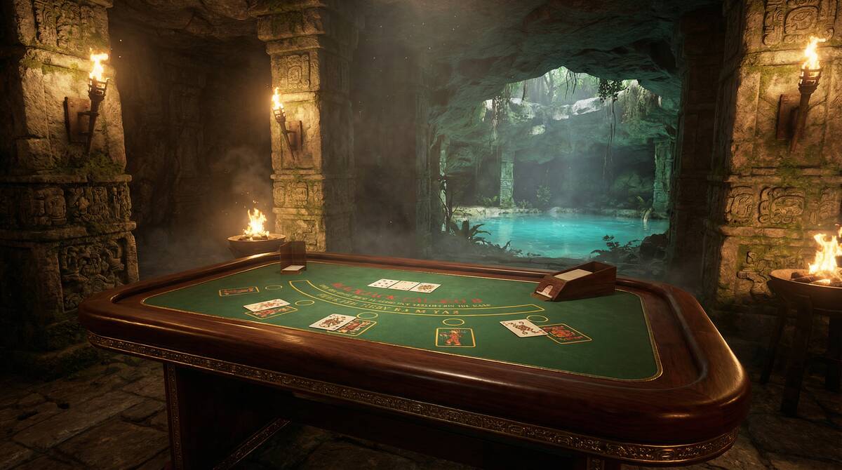 Mesa de blackjack en Casino NetBet con ambiente de templo maya