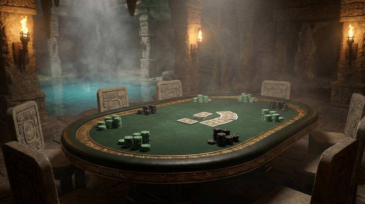 Mesa de póker en Casino NetBet con ambiente de cenote maya