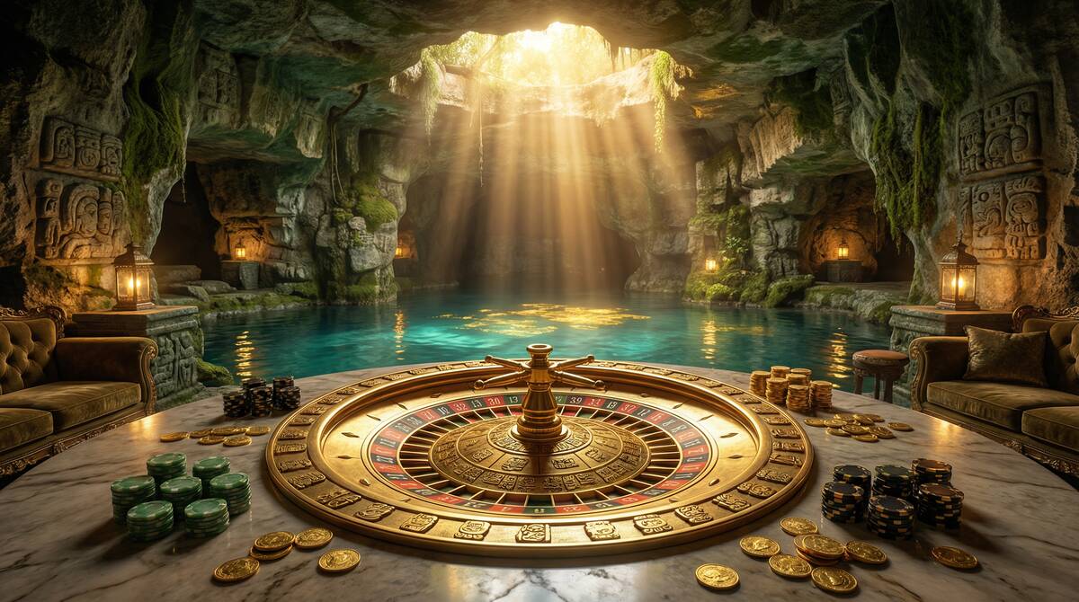 Ruleta dorada en Casino NetBet con ambiente de cenote maya